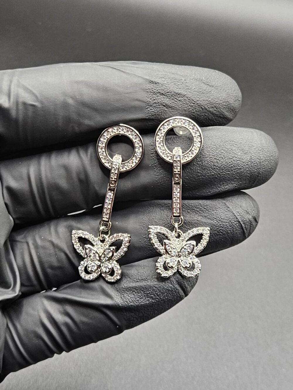 silver over stainless steel moissanite butterfly iced drop dangle earrings
